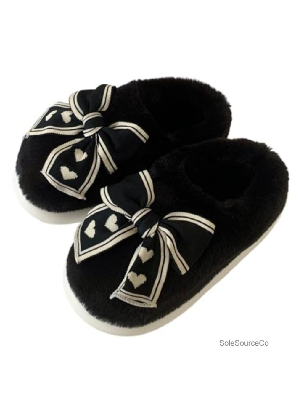 Fuzzy Plush Heart Bowknot Slip-On Slippers